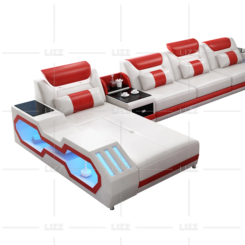 Venta directa de fábrica Juego de sofá en forma de L moderno para sala de conferencias, espera, sala de estar. Sofá de cuero genuino con luces LED.