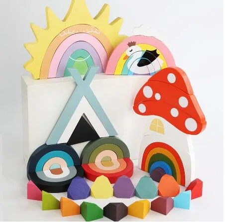 Hot Sale Toys Rainbow Building Blocks Funny Eco-Friendly Montessori Educational Wooden Stacking Bricks for Kids