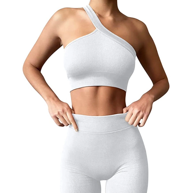 Bespoke Stylish Seamless One Shoulder Streetwear Workout Clothing for Women, White Ribbed Tank Top + High Waist Leggings Two Piece Gym Outfit Yoga Athletic Sets