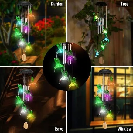 Solar Wind Aluminum Tube Windbell Lamp Automatic Colorful Flash Wooden Pendant