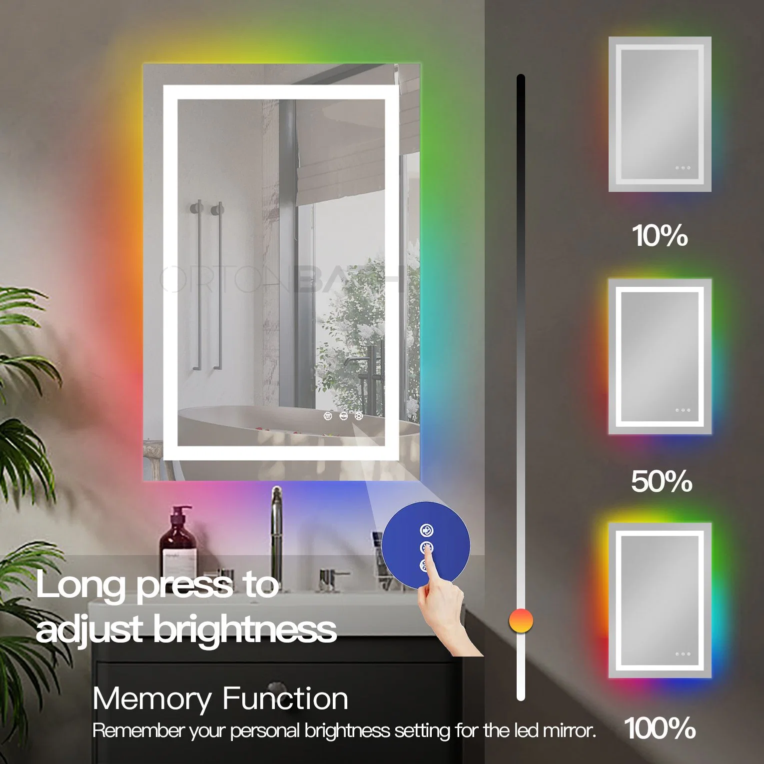 Ortonbath 48"X36" Rectangular Backlit Anti-Fog Wall Mounted LED Mirror RGB Lighted Bathroom Mirrors with Memory Function