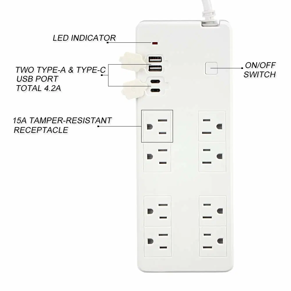 High quality/High cost performance American 8-Outlet & 4USB Outlet Power Strip