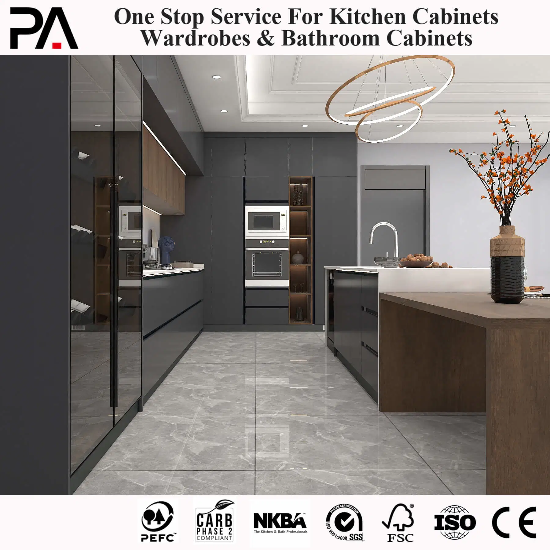 PA China personalizado MDF laminado Atacado Verniz cinzento de armazenamento Pantry Armários de cozinha