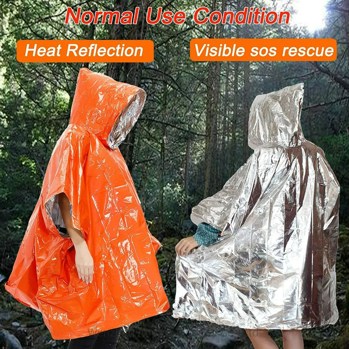 Multi Purpose Anti Tear Orange Survival PE Mylar Emergency Rain Poncho