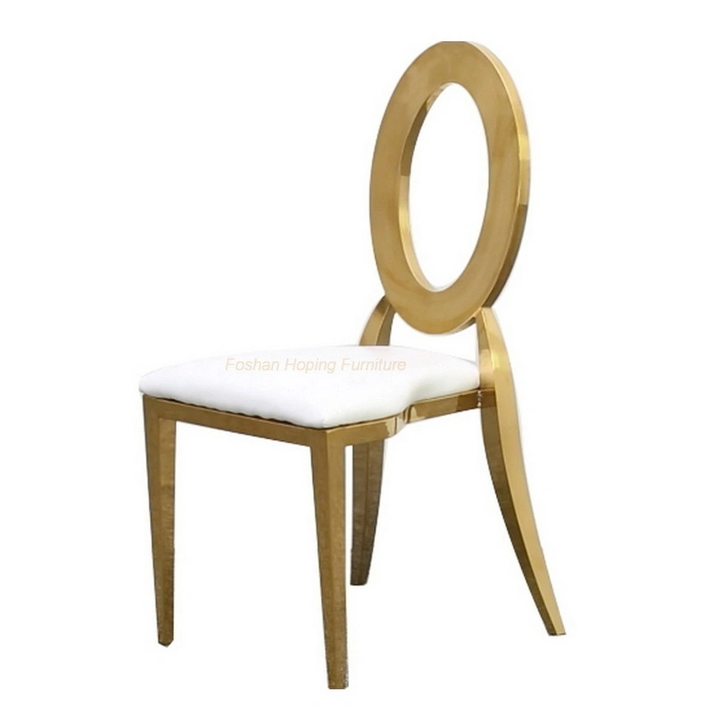 Vente chaude Prix de gros Salon Chaise de loisirs Meubles Hôtel Restaurant Dossier rond avec Creux Chaise en acier inoxydable de haute qualité pour salle à manger de mariage en or.