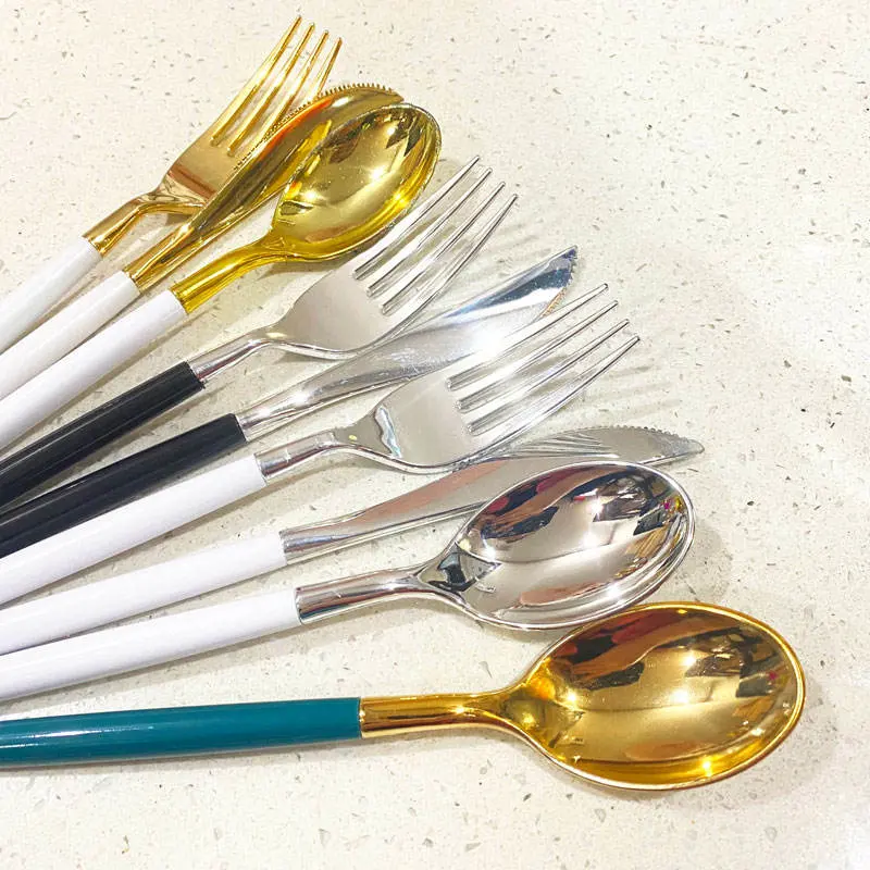 Cutlery Set Spoon and Fork for Party Pink and Gold Rim Plate Flower Dinner Set Plastic Plate Charger Custom