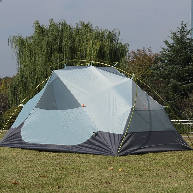 Customized Blue Color Polyester Fabric 3-4 Person Double Layer Windproof Family Camping Tent with 2 Doors