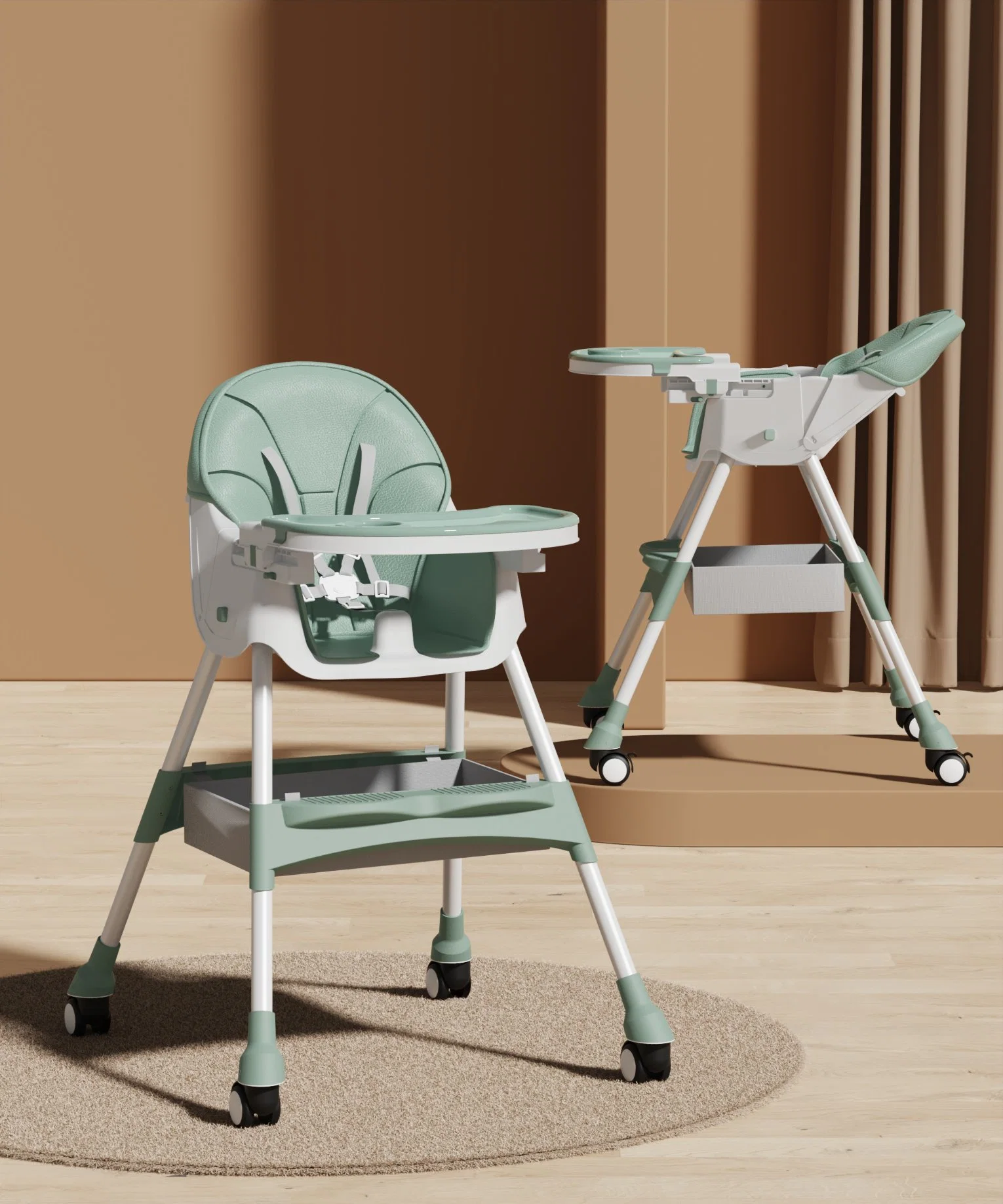 Baby Home Dining Chair/Multi Range Adjustment/PU Cushion/Silent Brake Wheels/Portable Children's Dining Chair