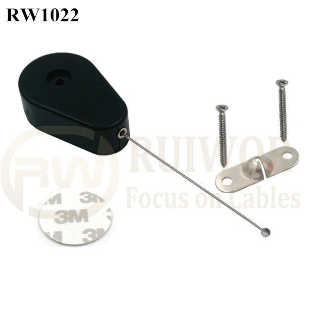 Drop-Shaped Retractable Security Tether Plus Two Screw Perforated Oval Metal Plate Connector Installed