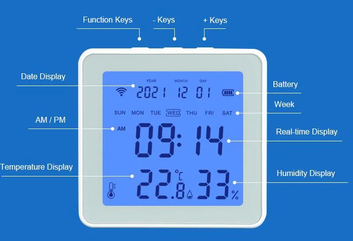 حساس درجة الحرارة والرطوبة الذكي مع شاشة LCD، 3 أنواع من الاختيار WiFi 2.4G، ZigBee 3.0، Bluetooth منخفض الطاقة