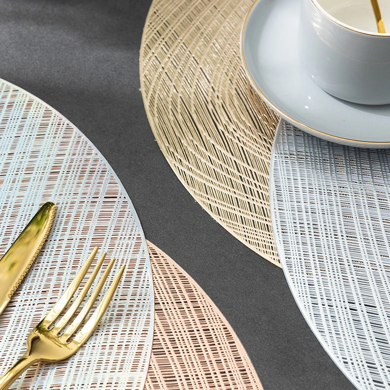 Europe Round Vinyl Dining Table Mats PVC Pressed Leaf Pattern Placemats Party/Wedding Round Striped Placemats