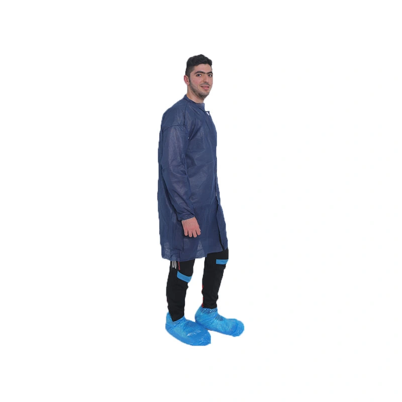 Abrigo de laboratorio de ropa de visitante de PP no tejido de polipropileno azul oscuro con Velcro 30GSM