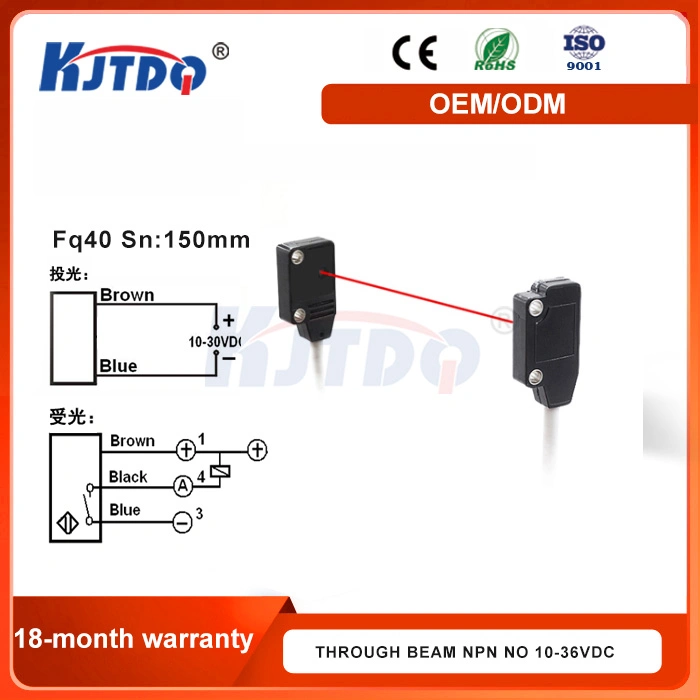 Kjt Fq40 IP67 Sn 150mm Through Beam Reflection Photoelectric Proximity Sensor