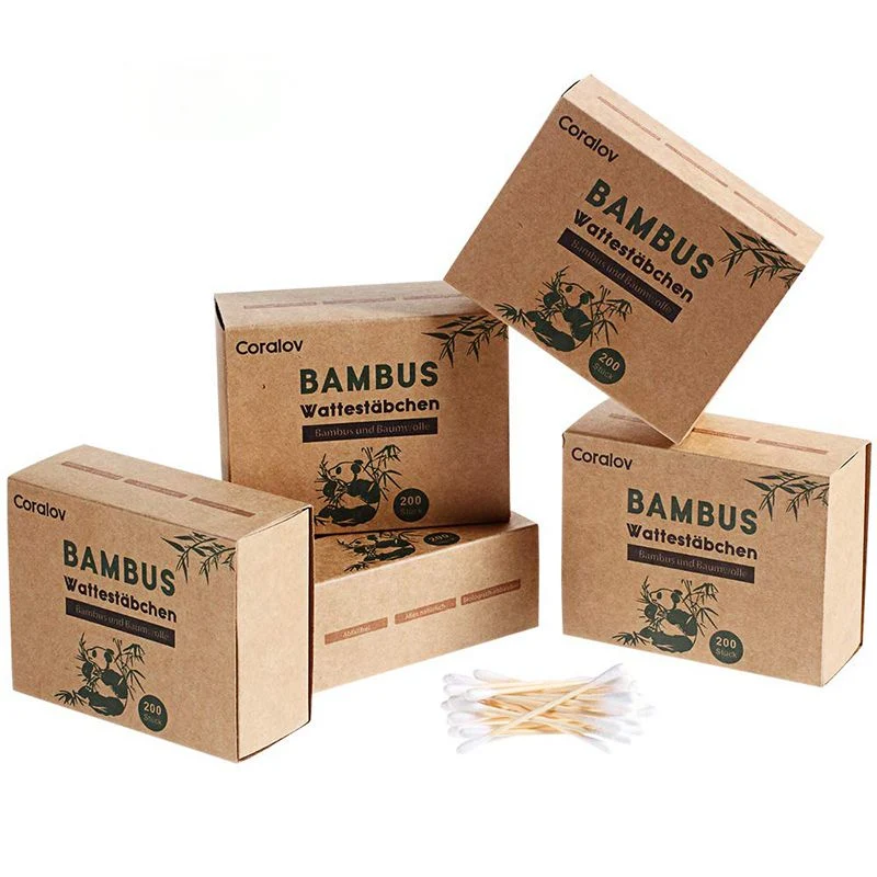 Bamboo Cotton Buds Packed in Biodegradable Kraft Paper Box