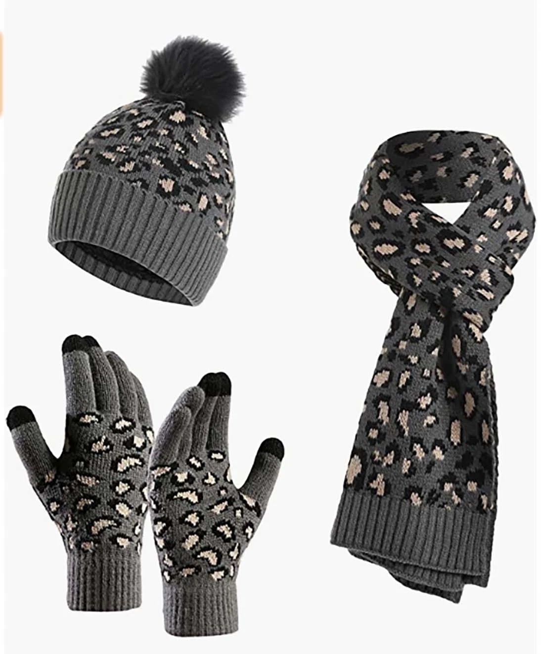 Fashion Outdoor Leopard Pompom Hat Scarf Gloves Warm Knitted Set