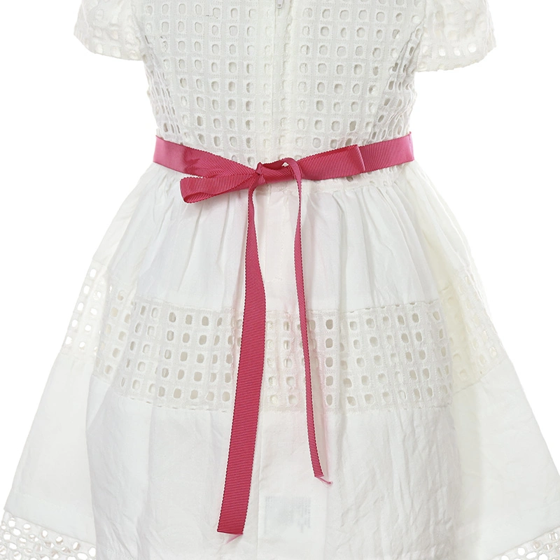 Cap Sleeve Kids Summer Clothing White 100% Cotton Lace Dress with Ribbon Waistline