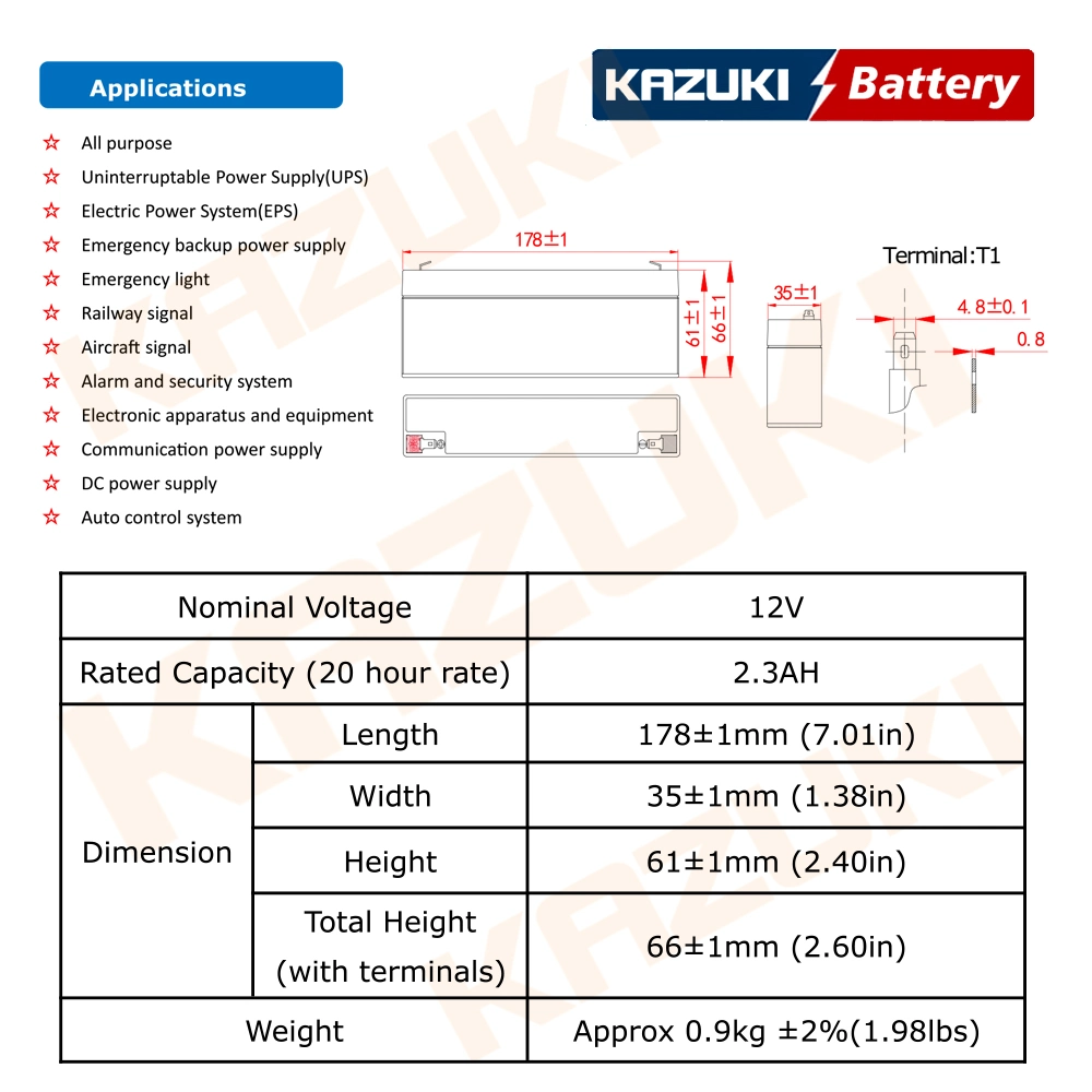 Kazuki OEM 12V2.3ah Electronic Balance/ Alarm Equipment/Children's Toy Car Good Quality Battery