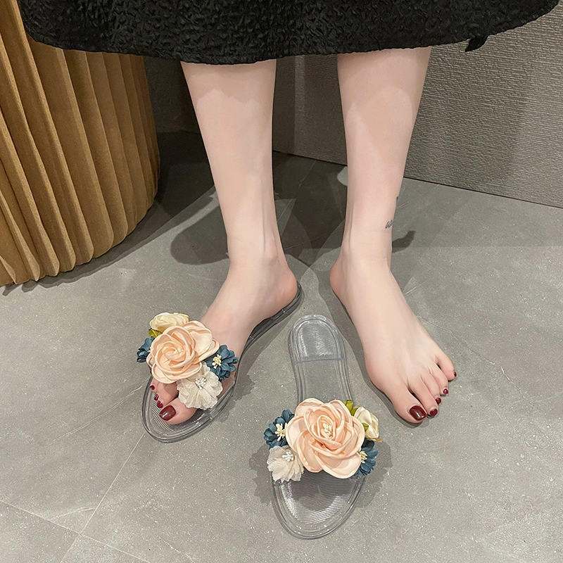 Chaussons en gelée à plateforme transparente en cristal de camélia pour dames