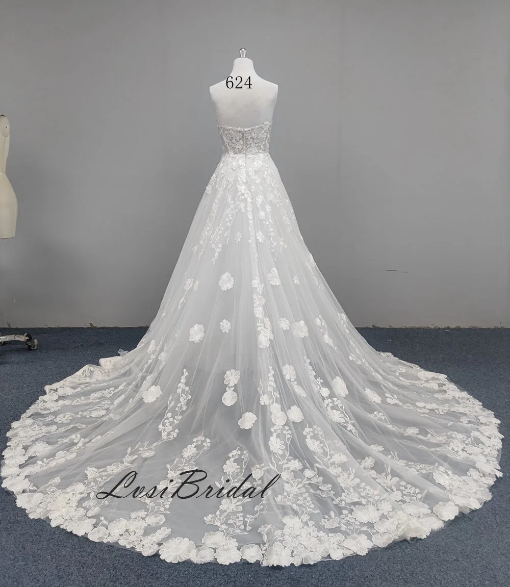 624 Sweetheart Neckline and Illusion Bodice Wedding Dress 3D Overlace and Big A-Line Skirt Bridal Gown Dress with Long Train Dress with by Manufacturer Bridal