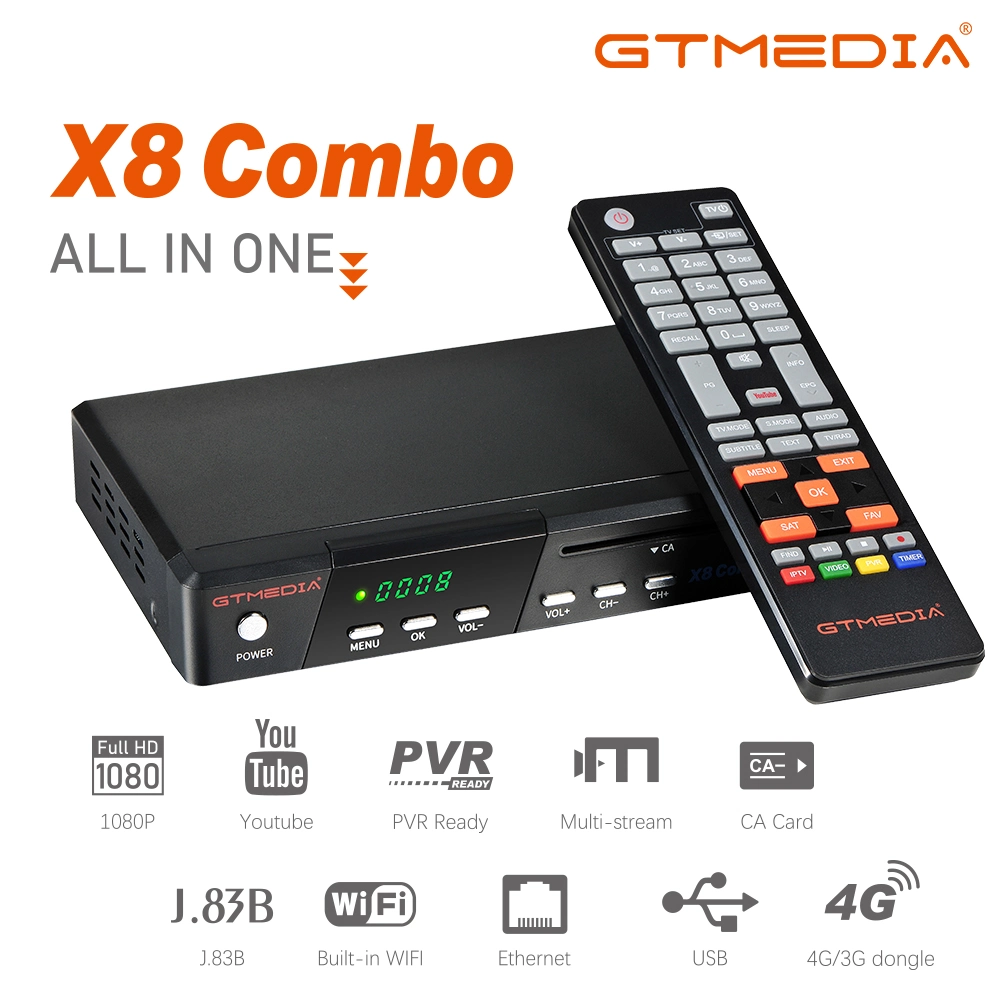 Receptor de satélite de cabo Gtmedia X8 combinado DVB-S2X T2 com CA Ranhura para cartões