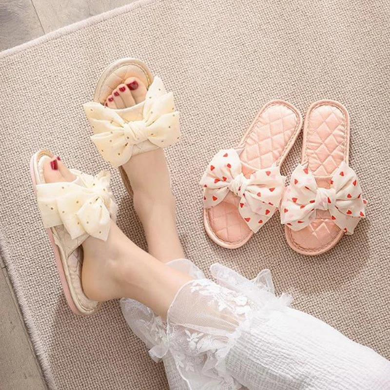 Spring Summer Home Satin Flat Slippers Open Toe Bow Tie Linen Sandals