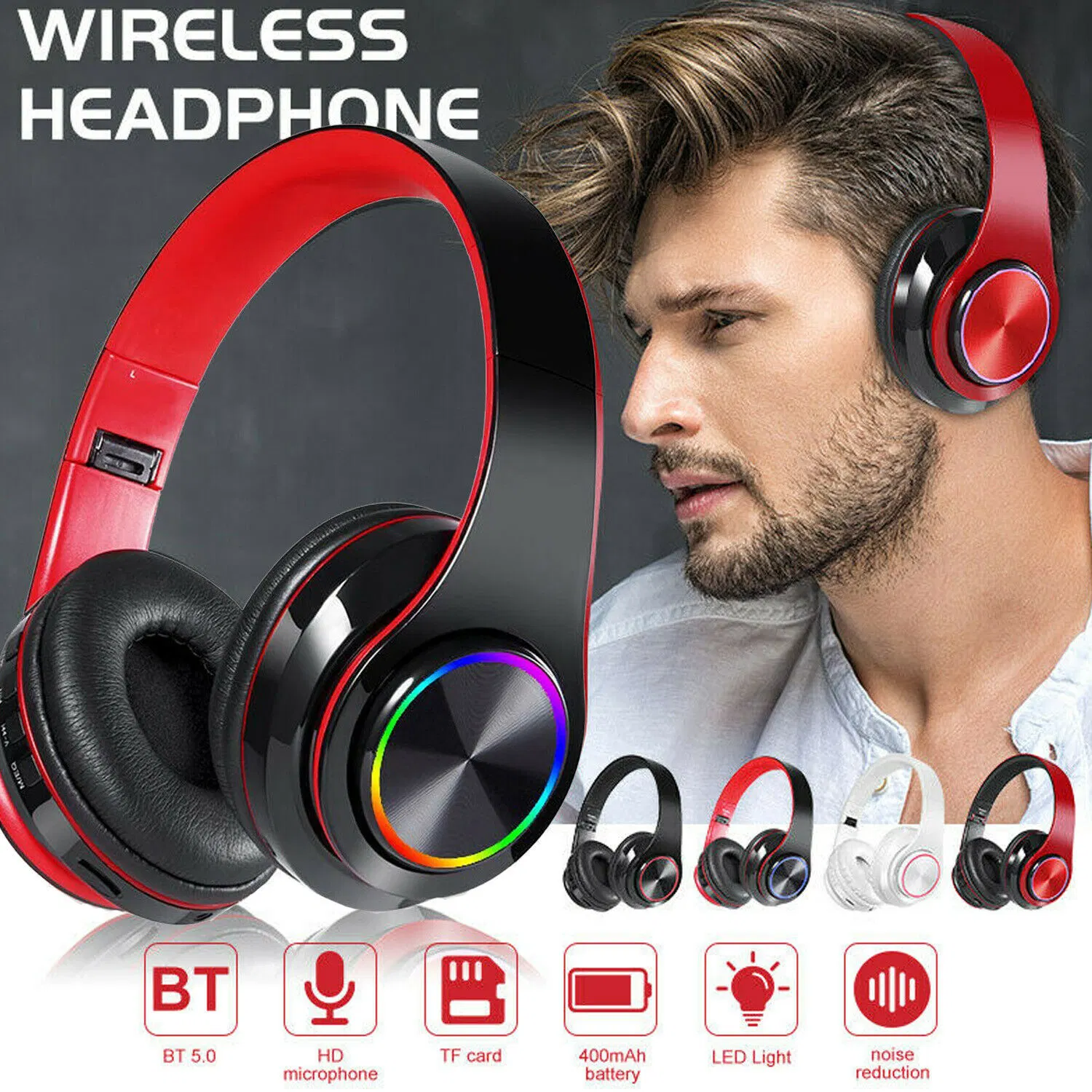 T39 Blue Tooth 5.0 Headphone Head-Mounted Wireless Colorful Light TF Card with Mic Folding Subwoofer Bluetooth Headset Earphones