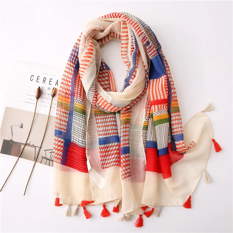 fashion Striped&#160; Tassels Shawl Grid Geometrics&#160; Muffler Colorful&#160; Hijab Boho Spring Summer Scarf