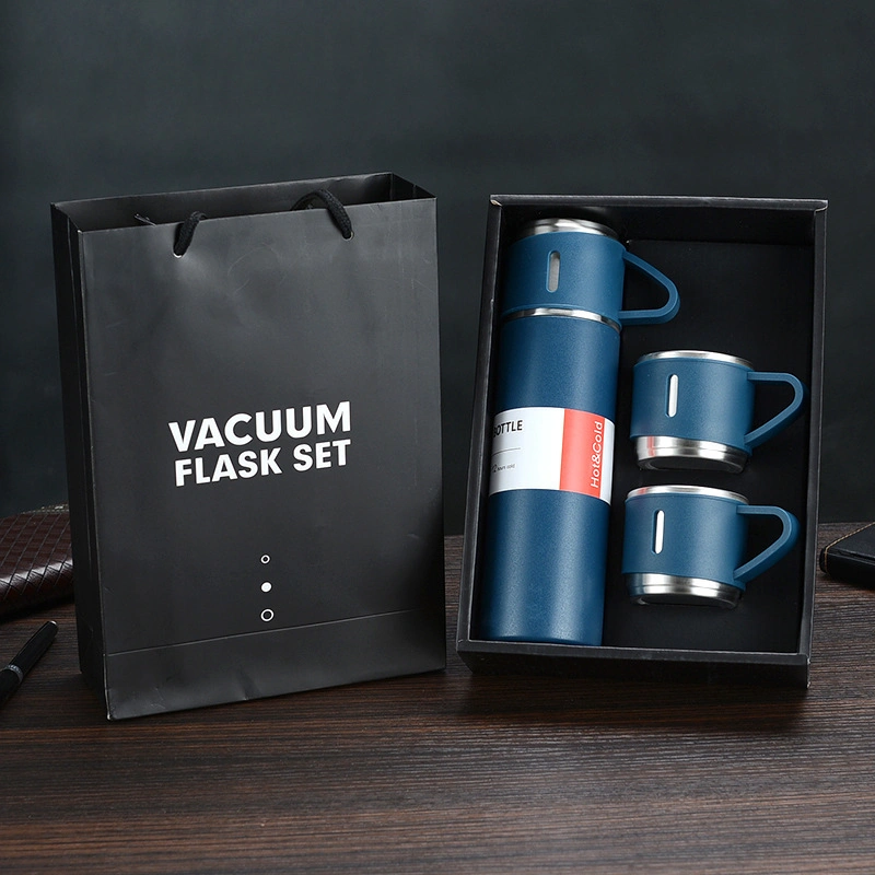 Weihnachten heiß 500ml Business Termos Custom Logo isoliert Reise Becher Trinkflasche Vakuum Thermo Flasche Geschenkset Box mit 2 Tassen