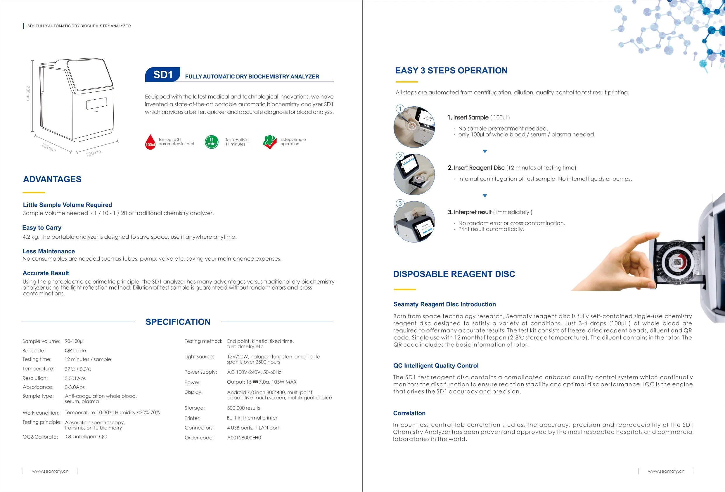 Medical Seamaty SD1 Chemische Chemie Vollautomatische Biochemie trockene Biochemie Bluttestgerät Des Analysators