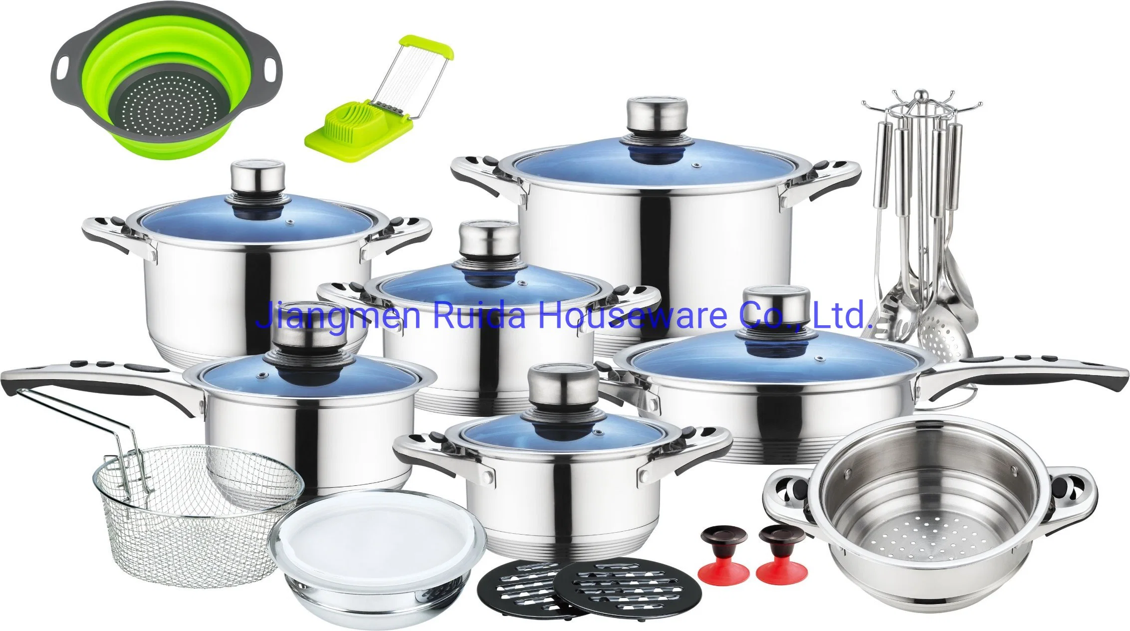 21PCS Stainless Steel Wide Edge Cookware Set with Classics Handle and Kitchen Tools