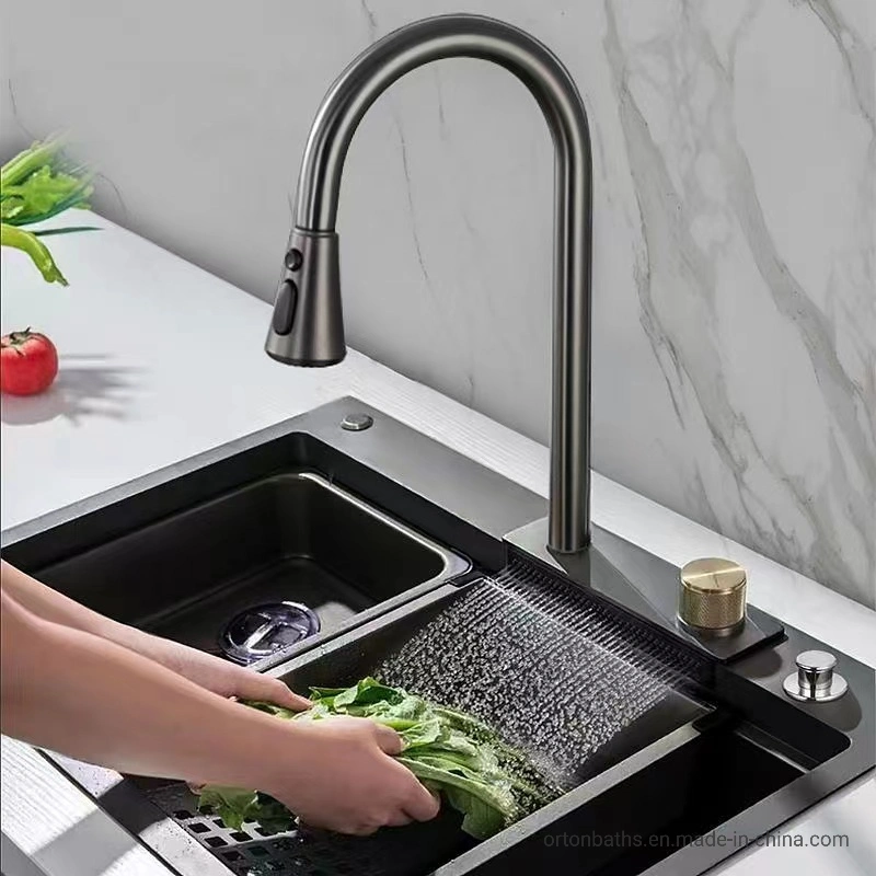 Ortonbath Waterfall Wash Multi-function 304 Acero inoxidable amplio fregadero de cocina Estación de trabajo con cascada de lluvia Cocina grifo Mezclador fregadero