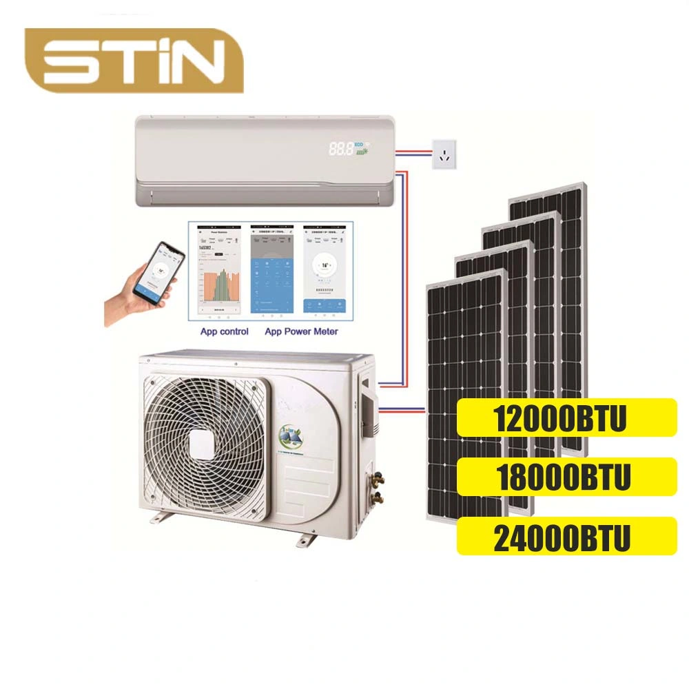 Mini Split 12000BTU 18000BTU حرارية بريطانية 24000BTU على شبكة تبريد/تسخين التيار المستمر/تبريد مكيف هواء مختلط يعمل بالطاقة الشمسية مع لوحة تعمل بالطاقة الشمسية للمستشفى/الصناعة/المنزل مع وحدة تحكم عن بعد WiFi