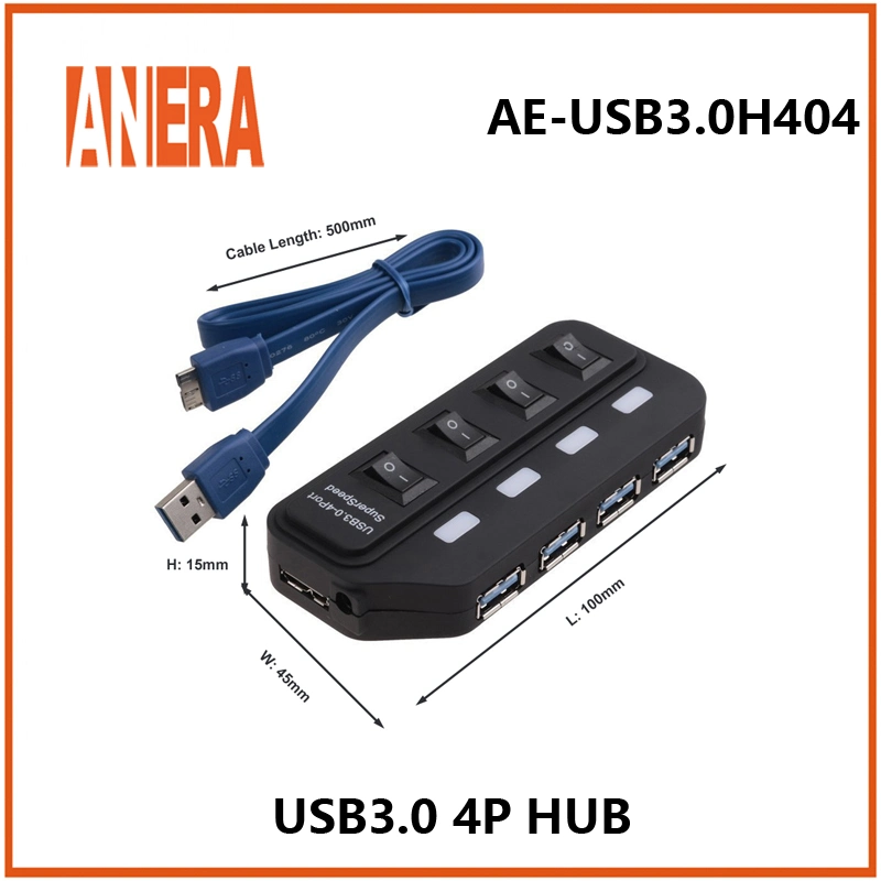 Concentrateur USB 3.0 4 ports, commutateur d'alimentation individuel