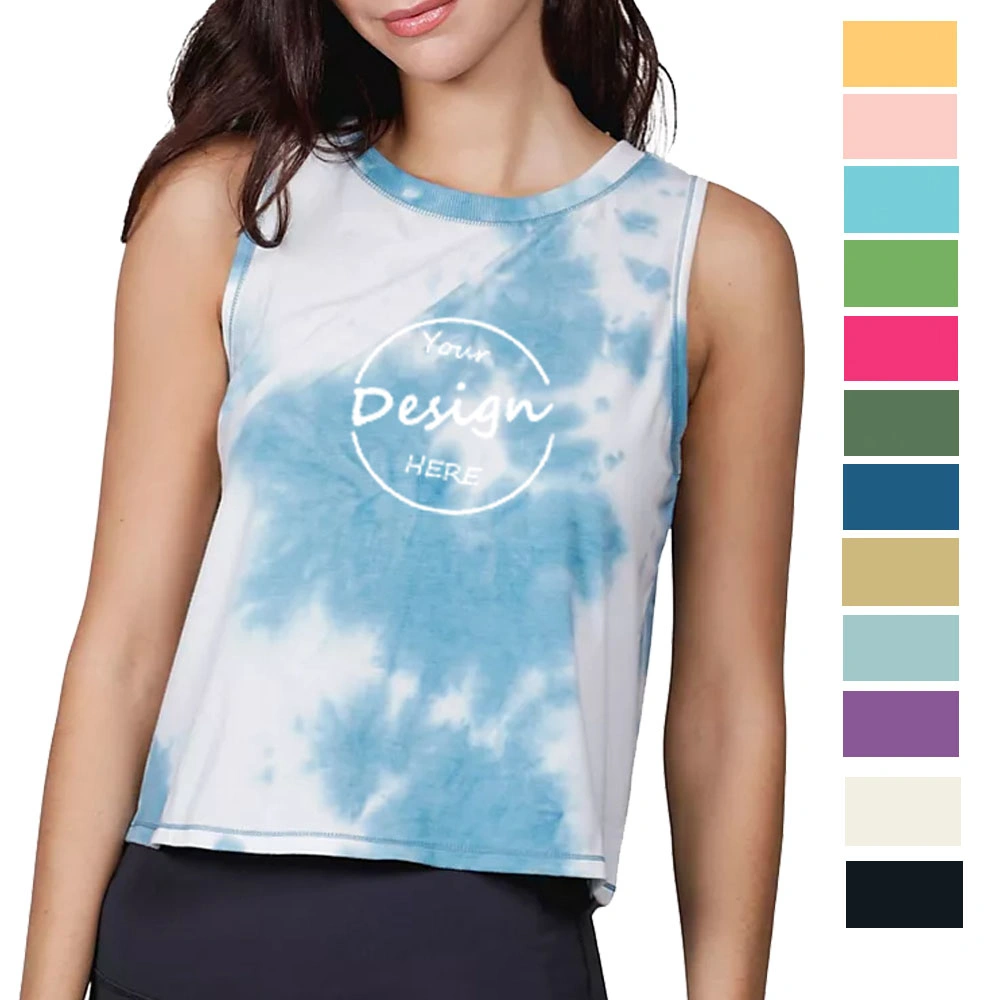 2019 Custom Tie Dye Sleeveless Shirt Embroidery Soft Combed Cotton Gym Digital Print Women Tank Crop Top with Private Label