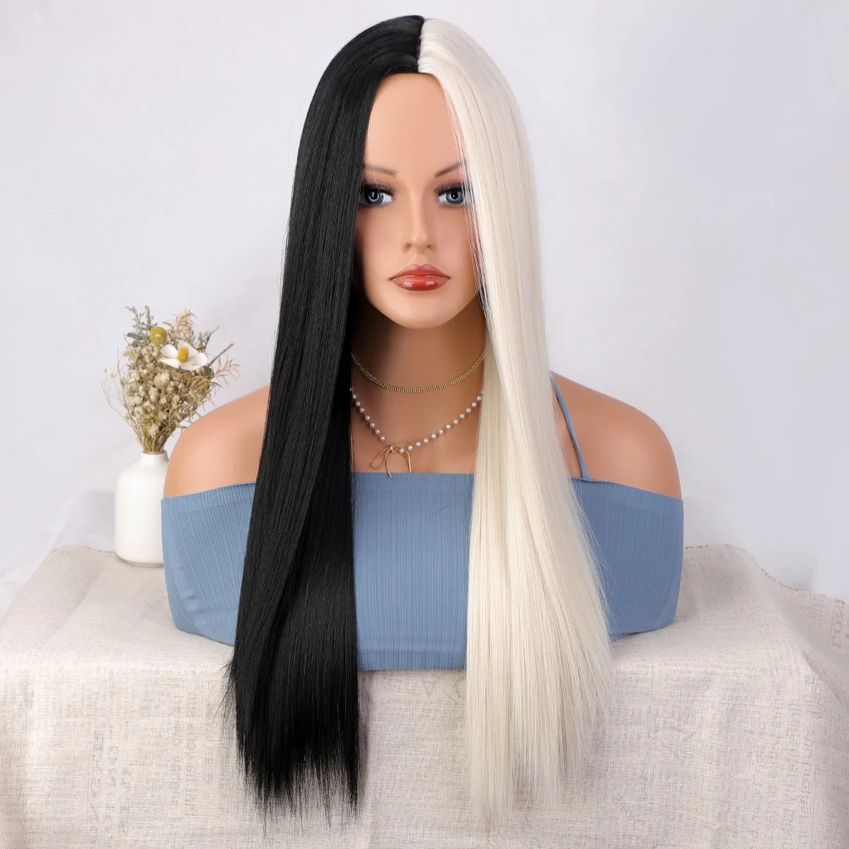 Long Straight Half Cream White Half Black Synthetic Fiber Hair Wig