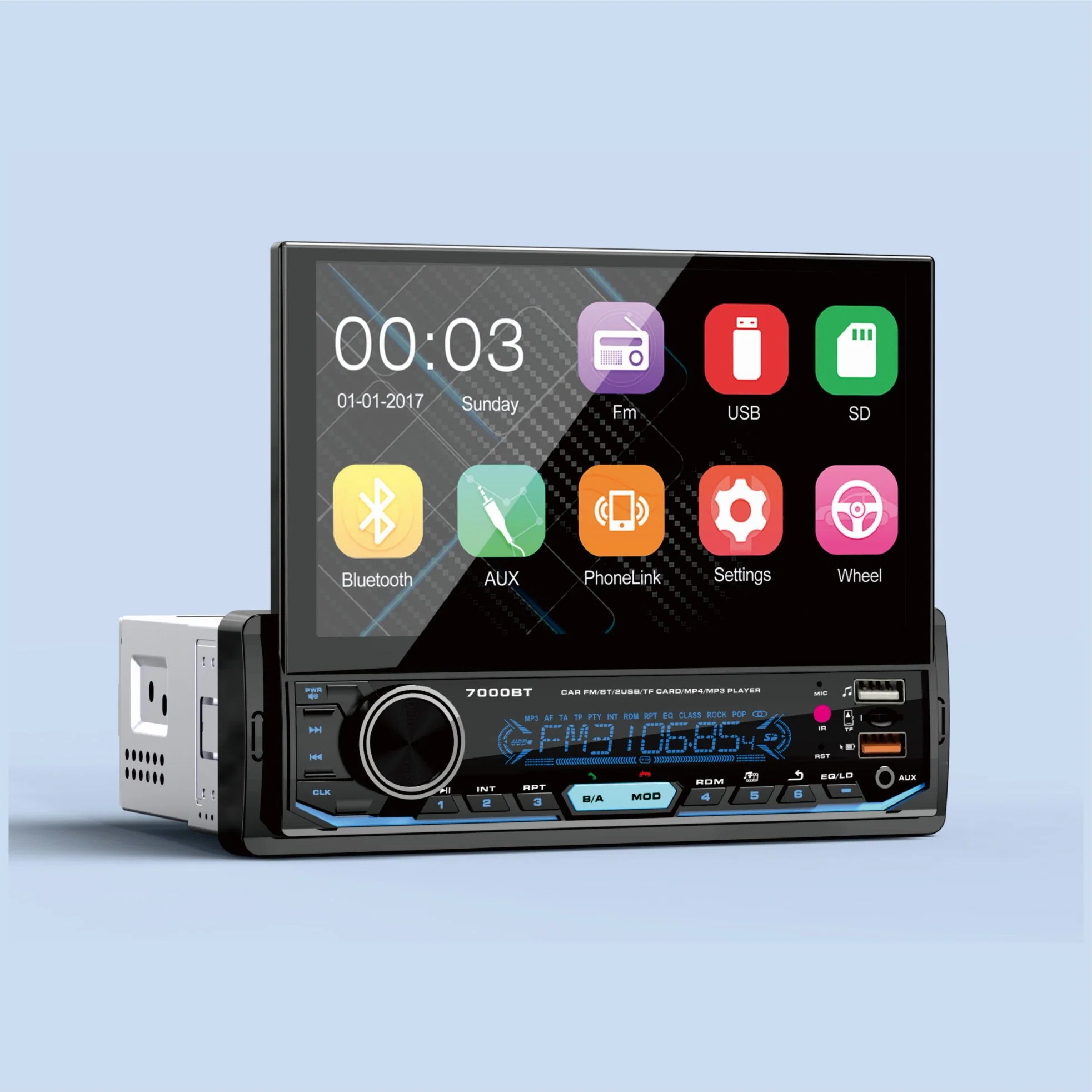 Rádio automóvel 1DIN Leitor multimédia MP5 retráctil automático de 7 polegadas para automóvel Leitor de DVD de vídeo estéreo