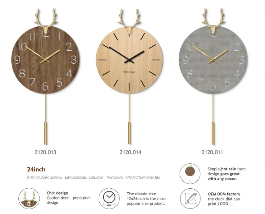 New Nordic Deer Head MDF Relojes de madera lujoso moderno silencioso Péndulo Reloj de pared logotipo personalizado