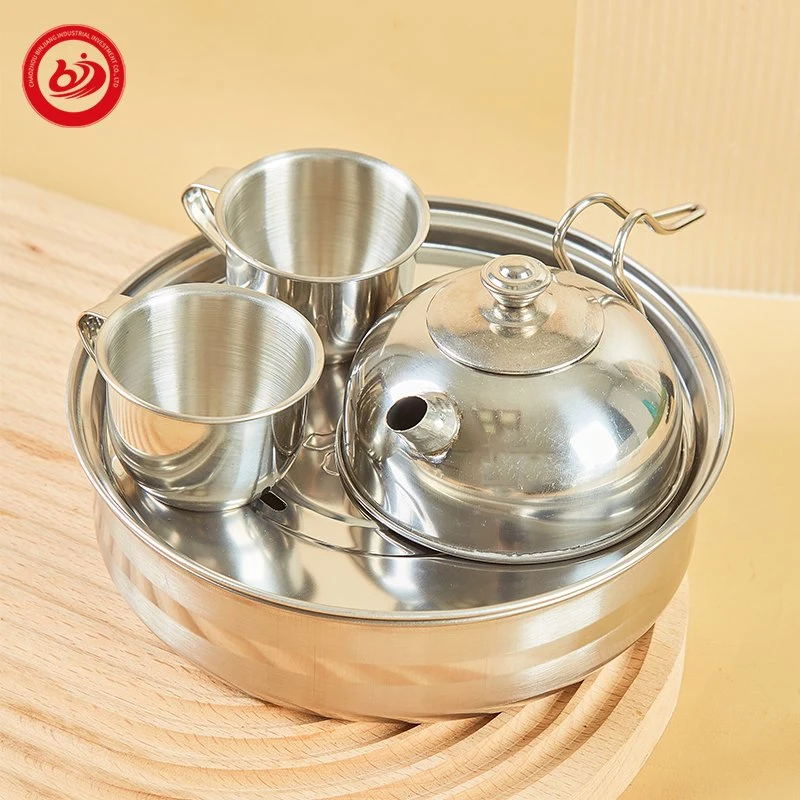 4PCS Stainless Steel Utensils Outdoor Camping Kitchen Utensils Toy Kettle with 3PCS Cups Kid Chef Pretend Mini Kitchen Set Toy