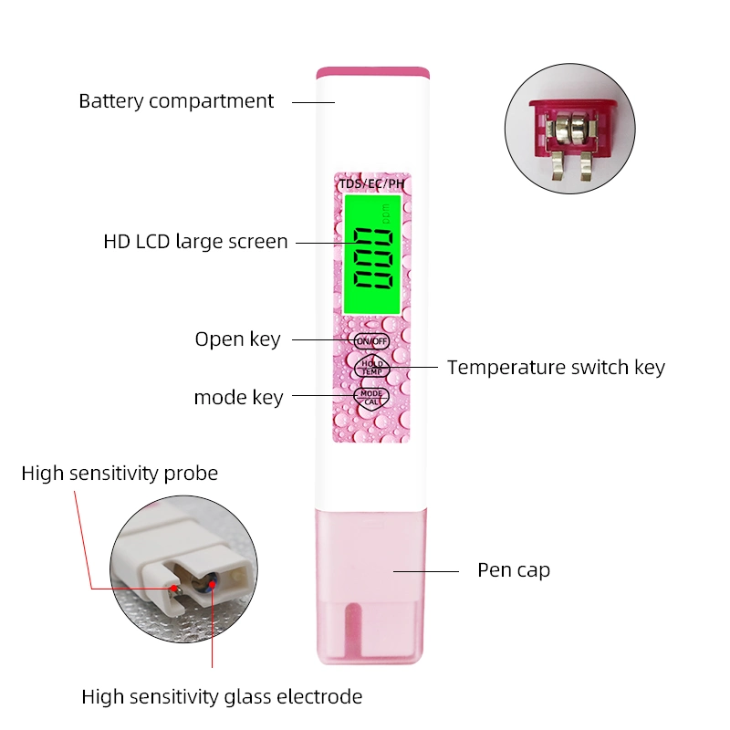 Medidor de Ce portátil de pH Medidor de TDS de temperatura Digital Pen Comprobador de temperatura 3 en 1 de desconexión automática del sensor de agua del filtro de agua