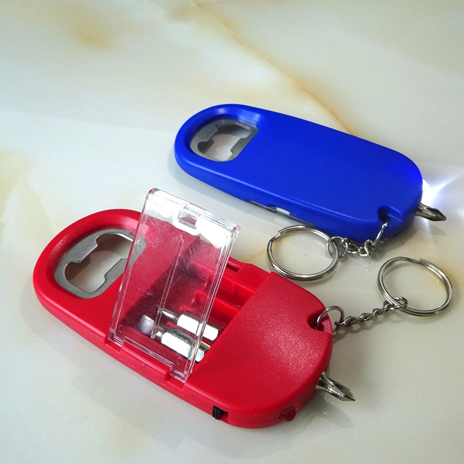 Mini 4 in 1 Multifunktions-LED-Schraubendrehersatz mit Flasche Opener Schlüsselanhänger Werkzeuge Set für Promotion