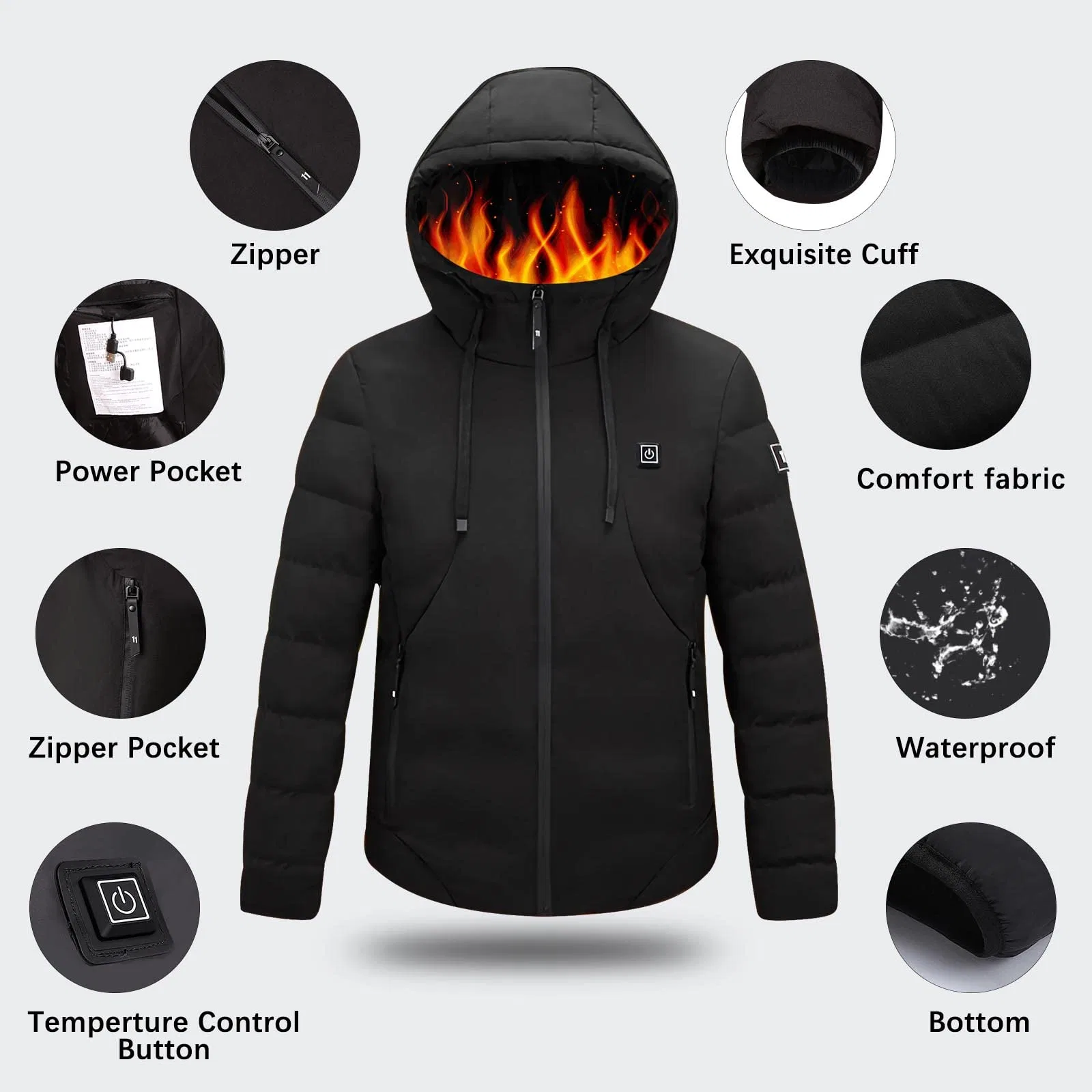 Chaqueta con capucha calefaccionada Calefacción eléctrica Invierno caliente abrigo térmico Hombre Mujeres para esquiar en moto