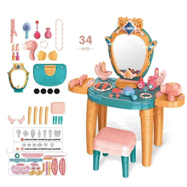 Oferta promocional para crianças no atacado plástico de indução luxuosa Mesa de Dresser com Mesa de brincadeira com brinquedos de beleza leves e cadeiras Faz o brinquedo