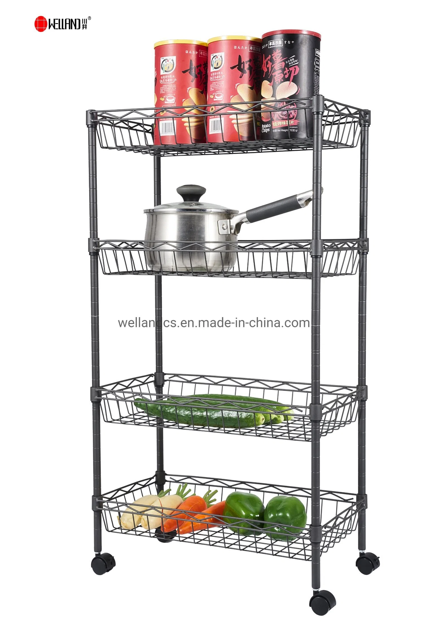 Rolling 4 Tiers Adjustable Steel Wire Basket Storage Rack for Kitchen / Livingroom