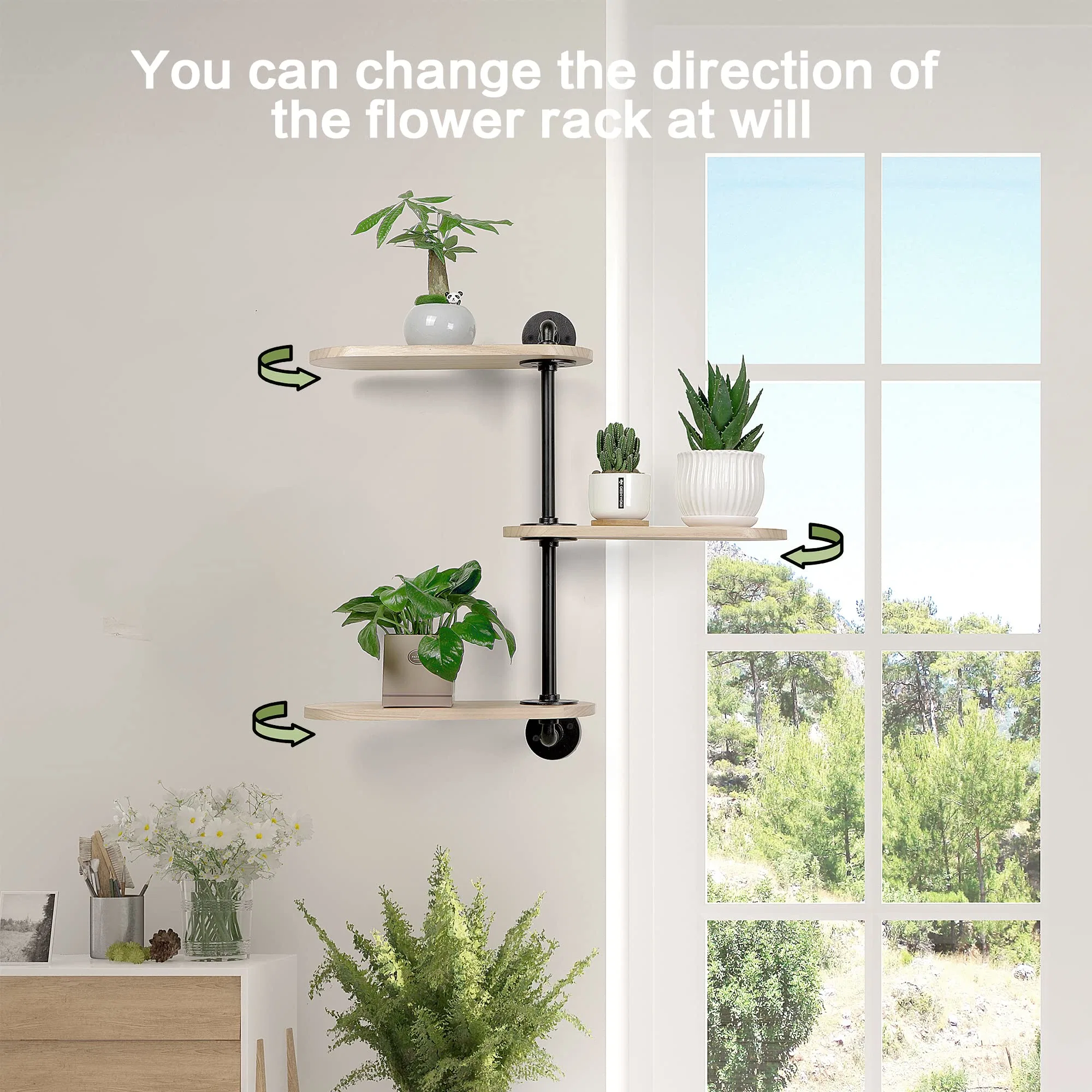 Rotating Window Plant Shelves Light-Exposure Wooden Shelf 3 Tier Stylish Flower Stand