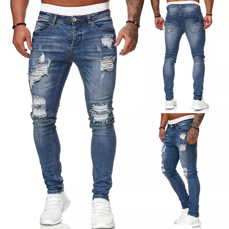 Directamente da fábrica por grosso Ripado Skinny Stretch calças de ganga homens Slim Jeans da