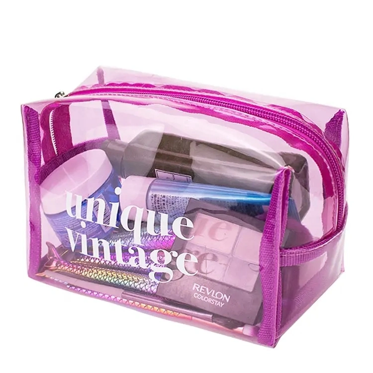 La mujer grueso maquillaje neón transparente funda impermeable de PVC transparente de plástico bolsas de aseo de viajes Bolsa de cosméticos