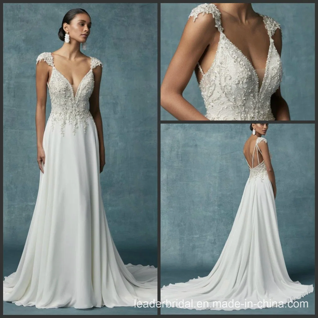Beach Chiffon Wedding Dress Cap Sleeves Lace Bridal Gowns A35
