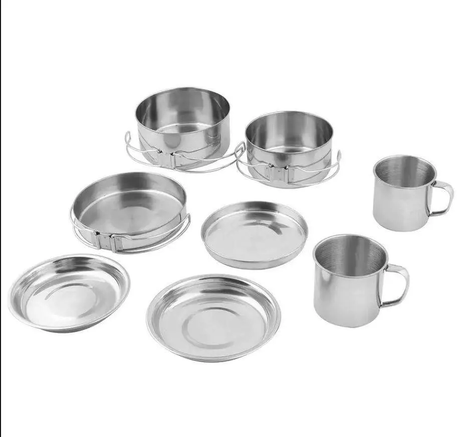 Hot sale ensemble de 8 pièces portatif batterie de cuisine de camping ensemble nourriture Classe acier inoxydable ensemble de cuisson extérieur ensemble de rando mess