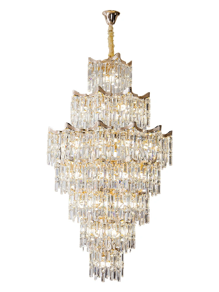 Lampe de salon de luxe pour villa penthouse française, lustre duplex neuf avec pendentif en cristal pour nouvel escalier.
