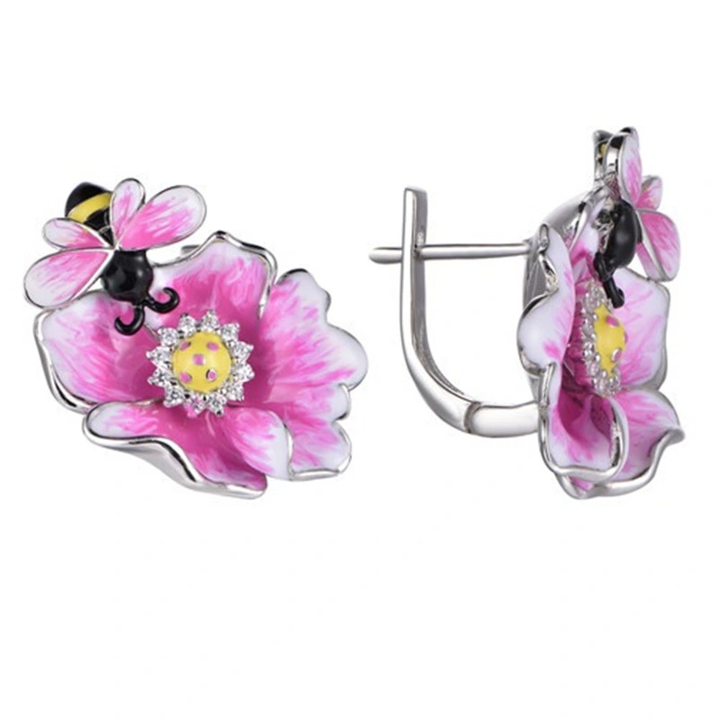 925 Silver Bee and Flower Earring and Necklace Animal Enamel Jewelry Sets for Ladies